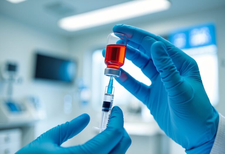 Mãos de profissional de saúde com luvas azuis segurando uma seringa com líquido vermelho em ambiente clínico moderno.