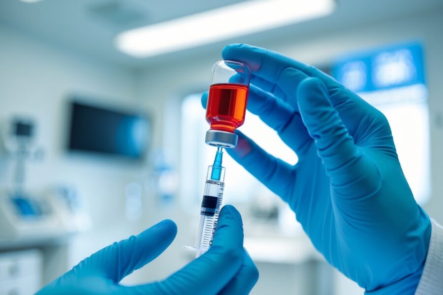 Mãos de profissional de saúde com luvas azuis segurando uma seringa com líquido vermelho em ambiente clínico moderno.
