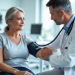 Mulher sentada em consultório médico tendo a pressão arterial medida por profissional de saúde.
