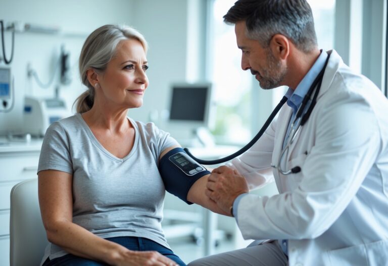 Mulher sentada em consultório médico tendo a pressão arterial medida por profissional de saúde.