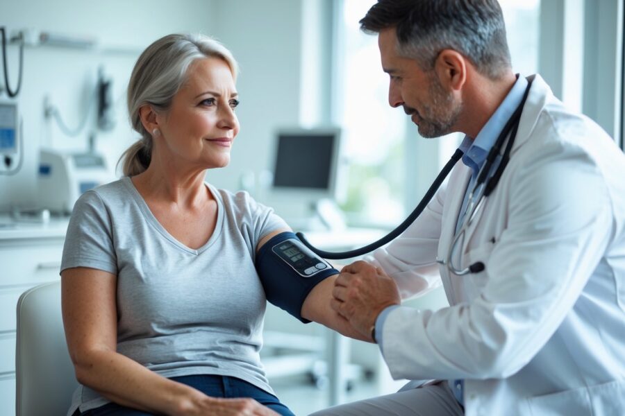 Mulher sentada em consultório médico tendo a pressão arterial medida por profissional de saúde.