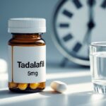 Frasco de comprimidos de 5mg de tadalafila ao lado de um copo de água e um relógio desfocado ao fundo.
