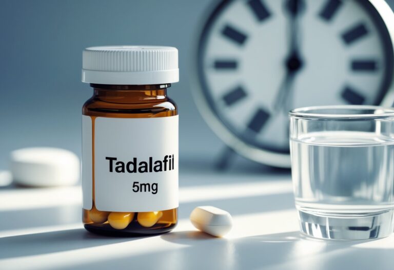 Frasco de comprimidos de 5mg de tadalafila ao lado de um copo de água e um relógio desfocado ao fundo.