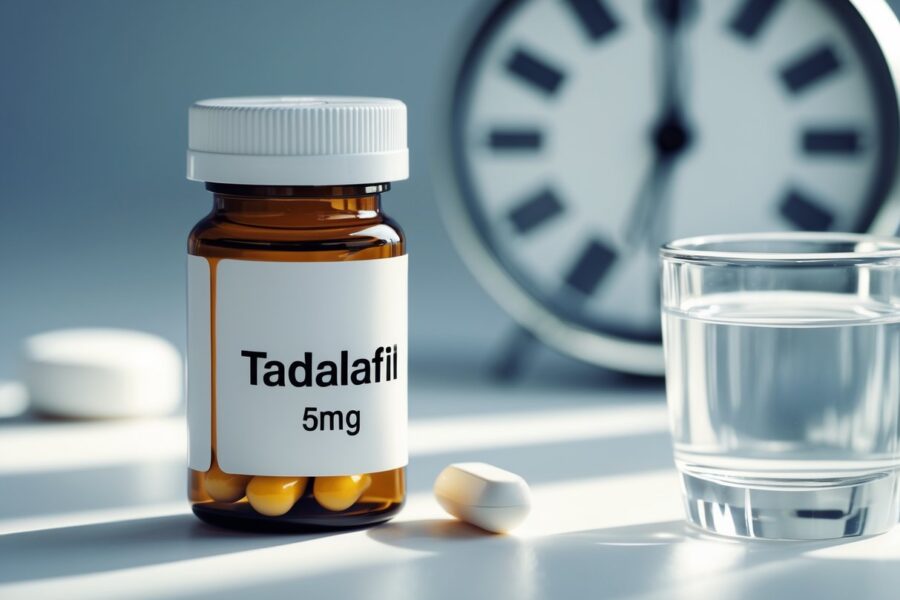 Frasco de comprimidos de 5mg de tadalafila ao lado de um copo de água e um relógio desfocado ao fundo.
