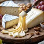 Tábuas com queijos cremosos e macios, incluindo um queijo puxando uma textura elástica e cremosa, acompanhado de uvas e nozes.