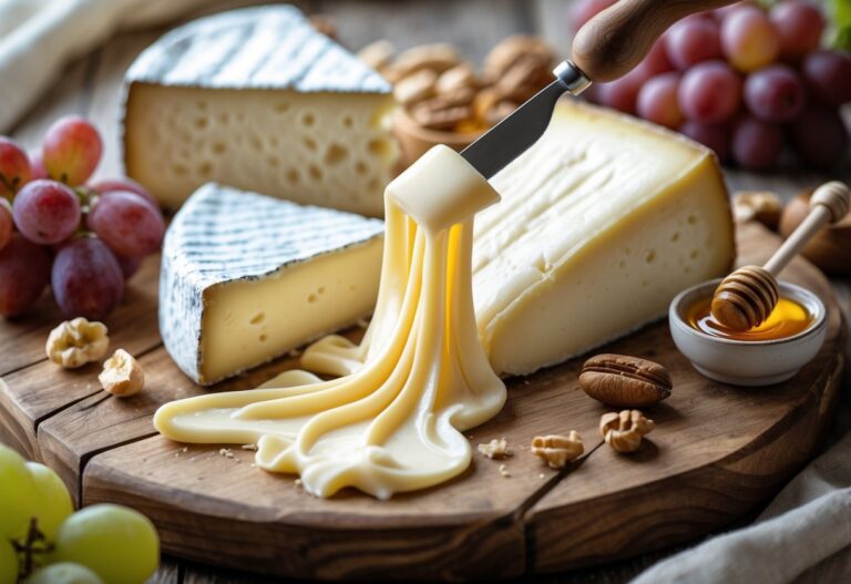 Tábuas com queijos cremosos e macios, incluindo um queijo puxando uma textura elástica e cremosa, acompanhado de uvas e nozes.