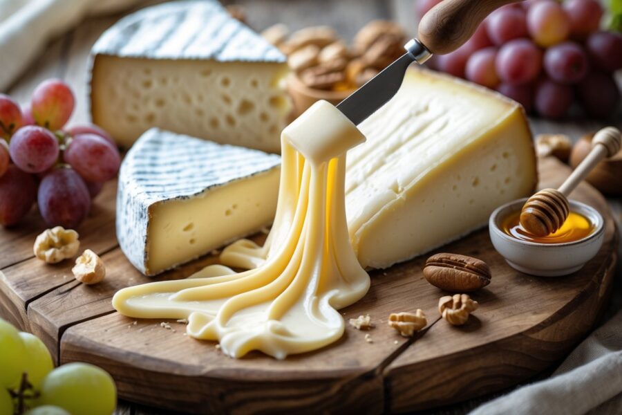 Tábuas com queijos cremosos e macios, incluindo um queijo puxando uma textura elástica e cremosa, acompanhado de uvas e nozes.